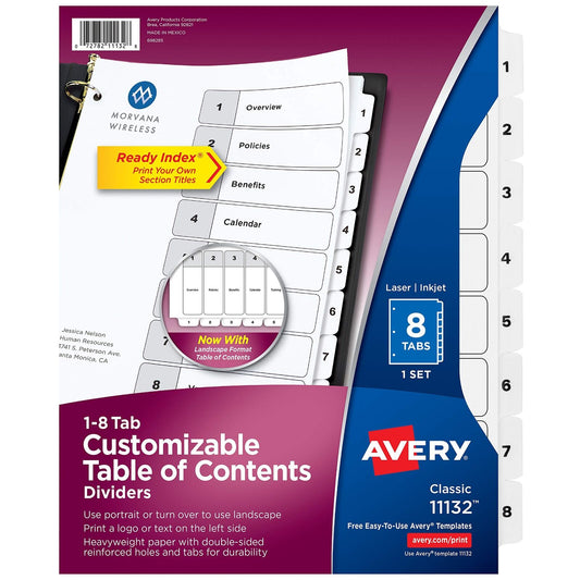 Avery 8-Tab Dividers, Table of Contents, Classic White Tabs, 1 Set (11132)