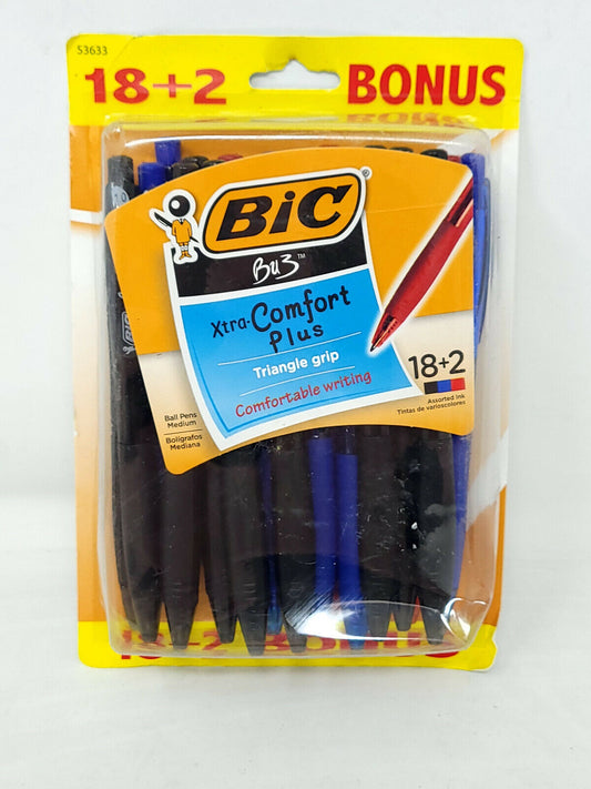 BIC BU3 Grip Retractable Ballpoint Pen Medium Point (1.0mm) Red/Blue/Black 18+2