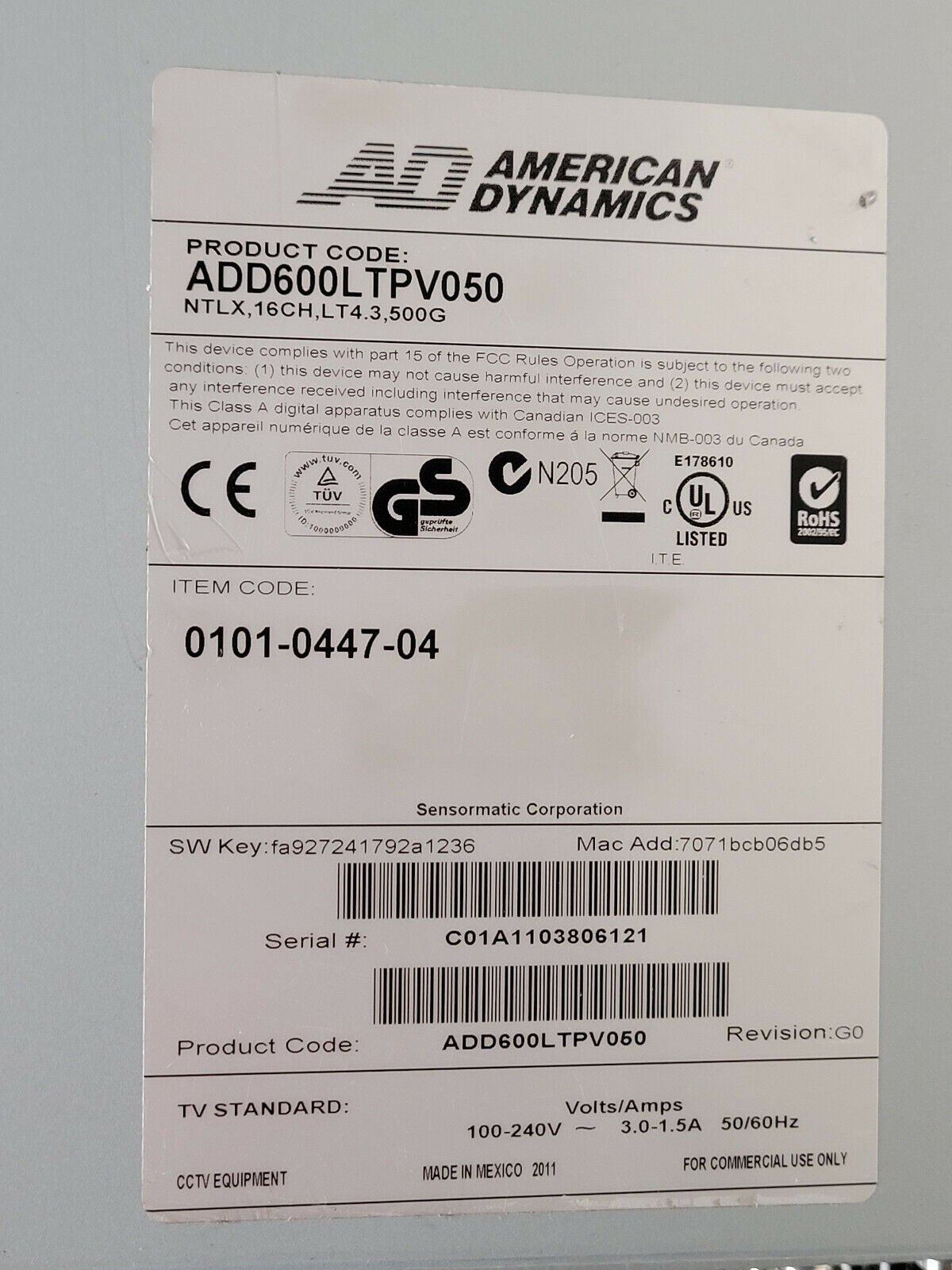 American Dynamics ADD60ALTPV050 Video Suveillance System - 500GB - READ - 2