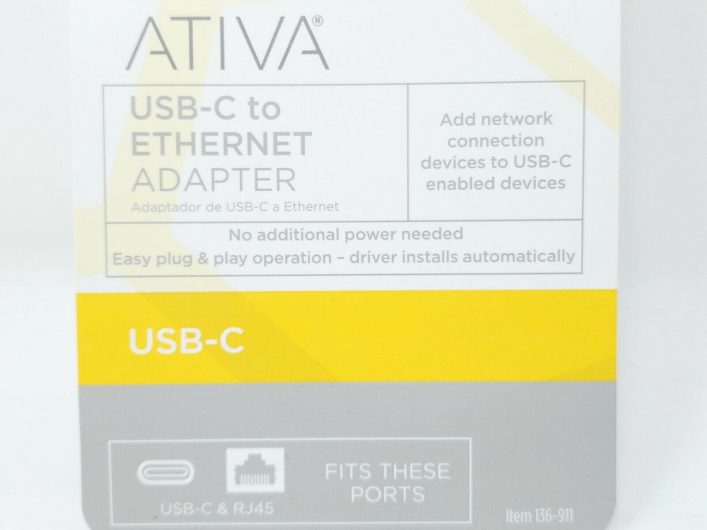 ATIVA USB-C to Ethernet Adapter - Item Number 136-911 - New in Box