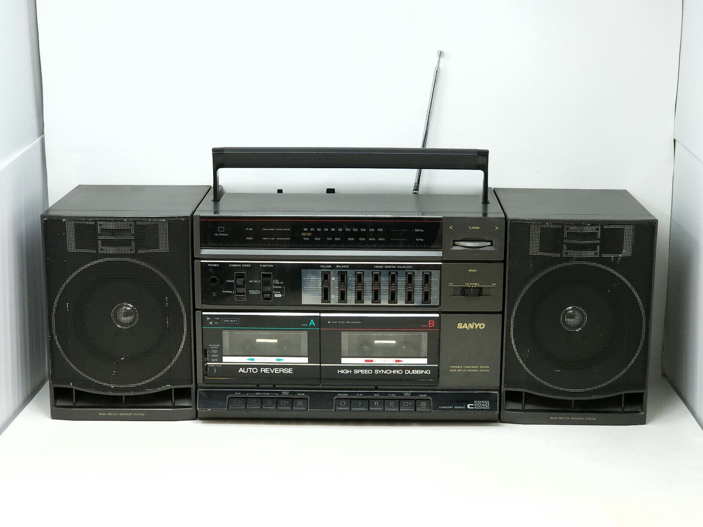 Sanyo C33 Boombox  Dual Tape Deck AM/FM Radio Tested - NEEDS BELTS FOR TAPE