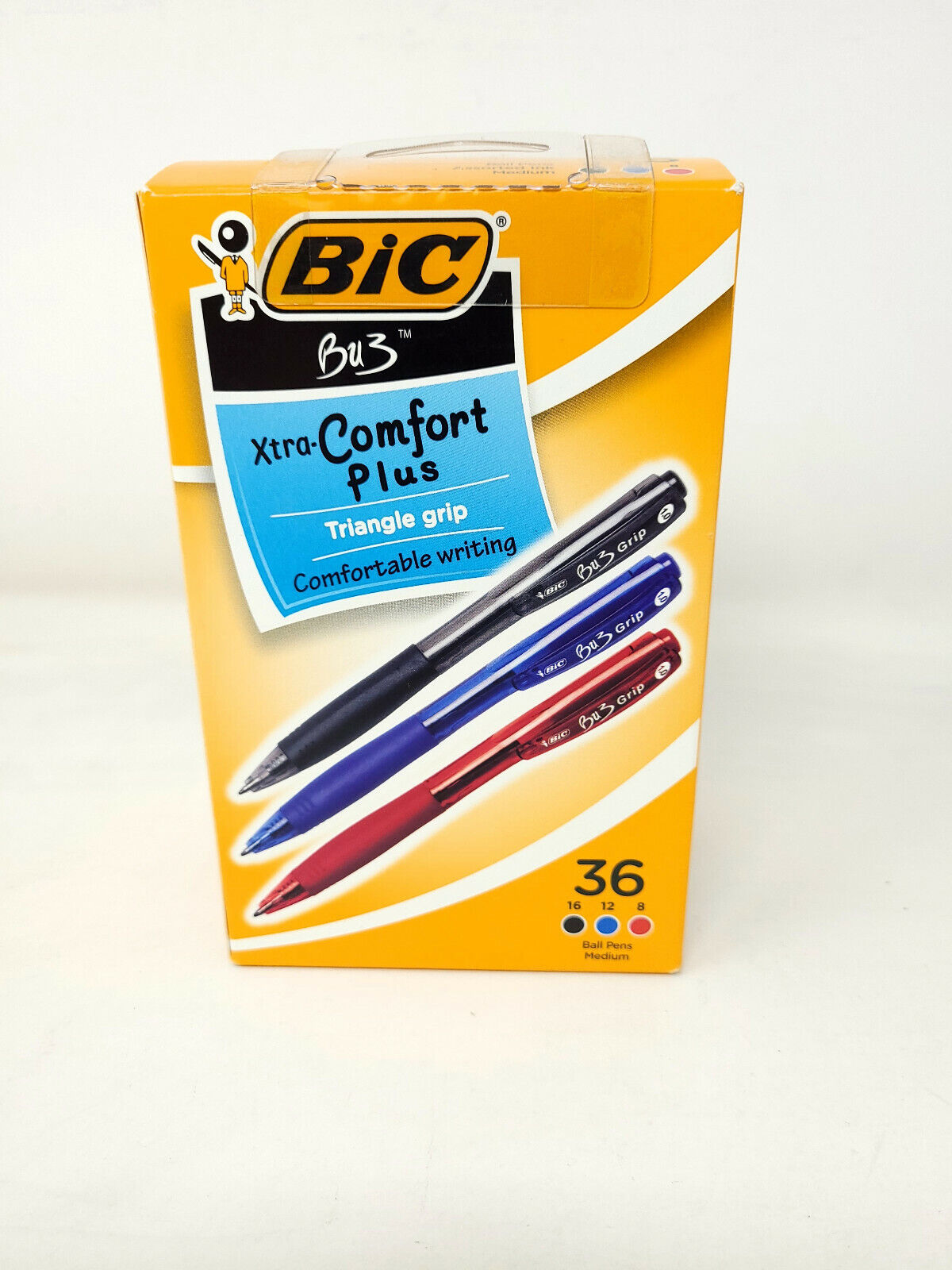 BIC BU3 Retractable Ball Pen with Grip, 1 mm Medium Tip, Black, Blue, Red - 36