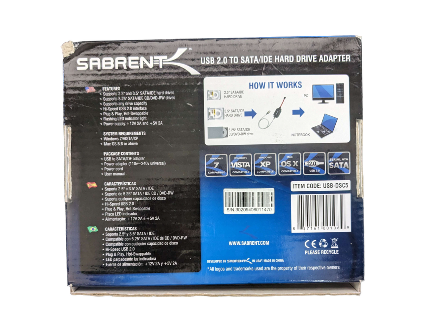 Sabrent USB 2.0 to SATA/IDE Hard Drive Adapter - Used/Missing Parts  Check pictu