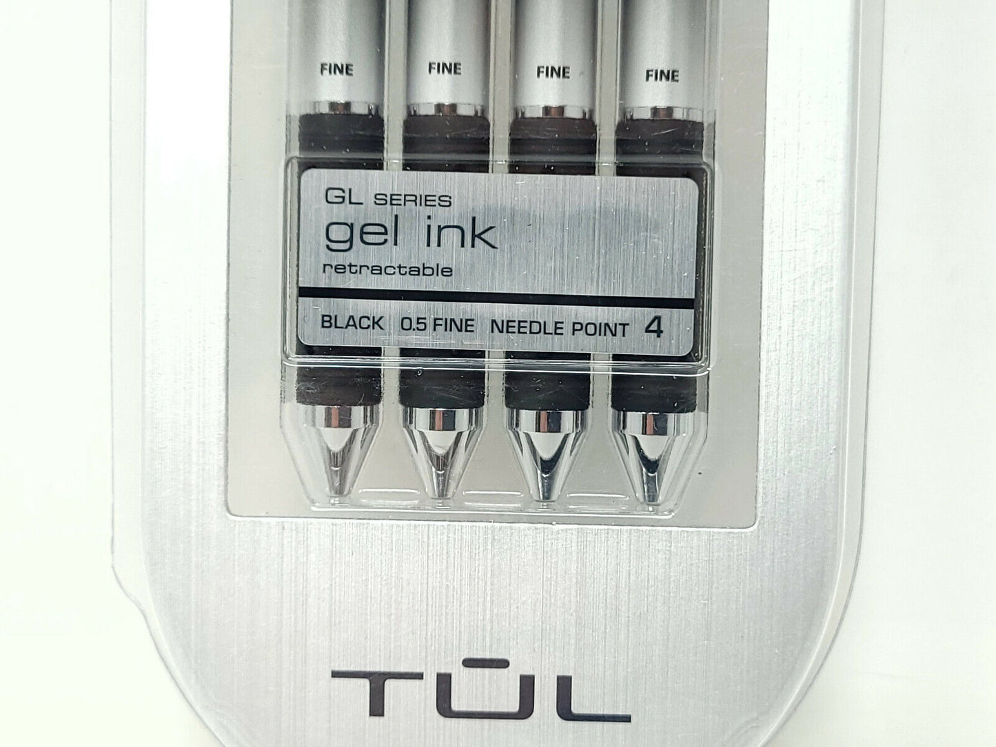 TUL Retractable Gel Pens, Needle Point, 0.5 mm, Black Barrel/Ink, 4-Pack - Gel
