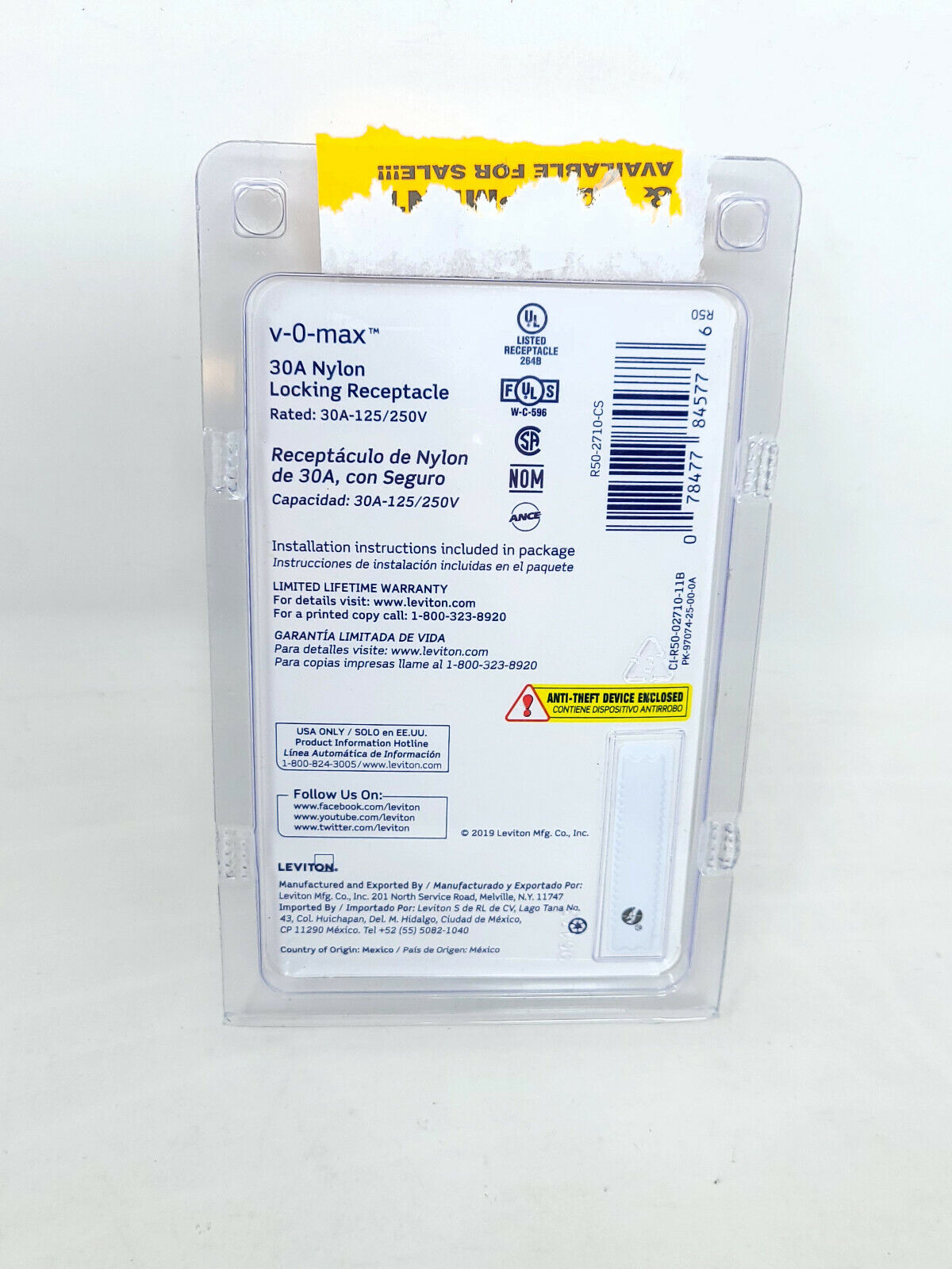 Leviton Plus+ Pro V-0-Max Locking Receptacle 30A-125/250V 2710-CS 3P/4W - OB