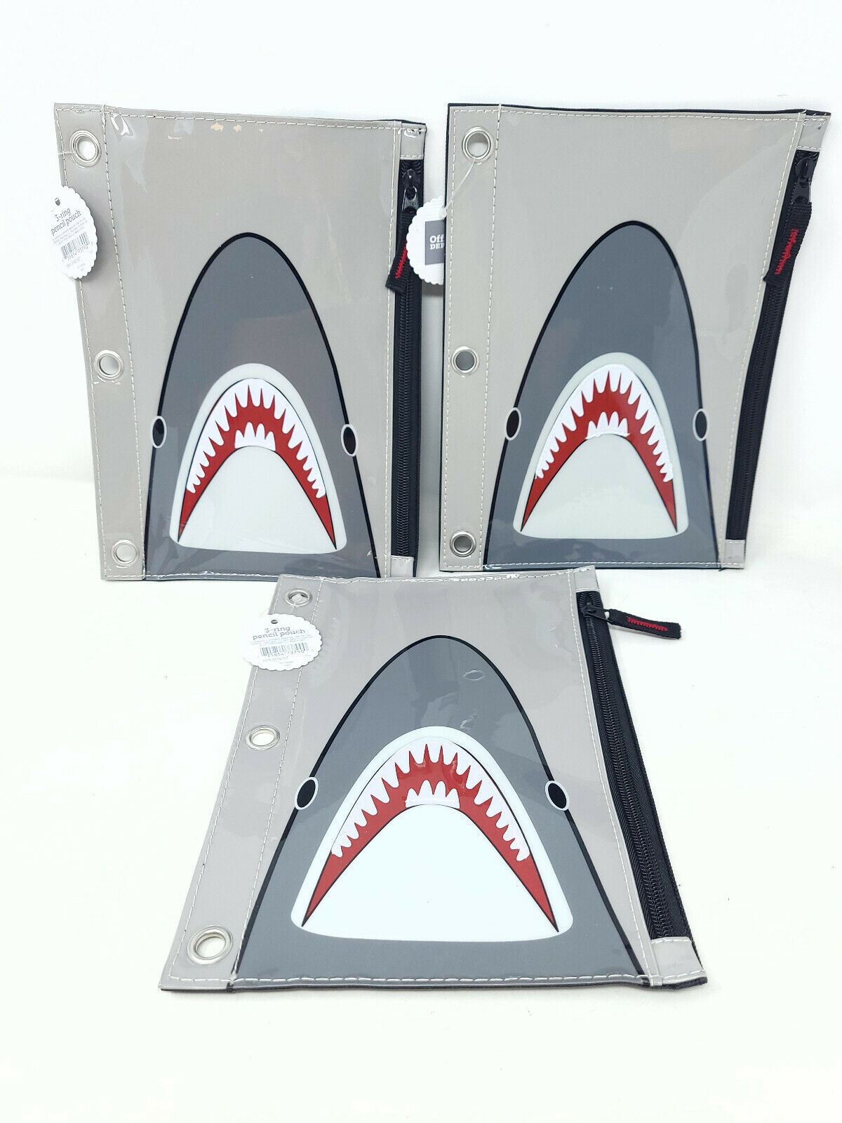 3x Pencil Case Shark Design 3 Ring Binder Compatible Zipper Closure