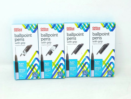 4x 12-Pk Office Depot Brand Grip Ballpoint Pens, 1.0 mm, White Barrel, Black Ink