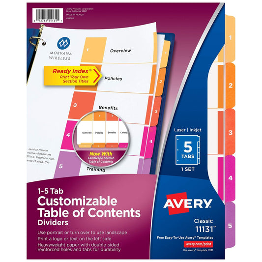 Avery 5-Tab Dividers Customizable Table of Contents, Multicolor, 1 Set (11131)