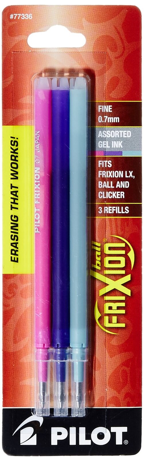 Pilot 77336 Refill for FriXion Erasable Gel Ink Pen, Assorted, 3/Pk