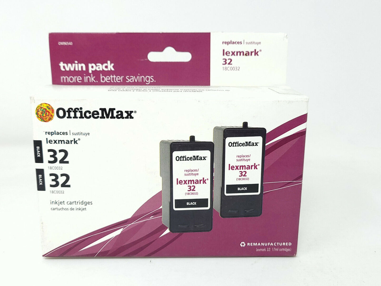 Lot 2x LEXMARK 32 Black Inkjet Cartridge, Twin Pack, OfficeMax, Remanufactured