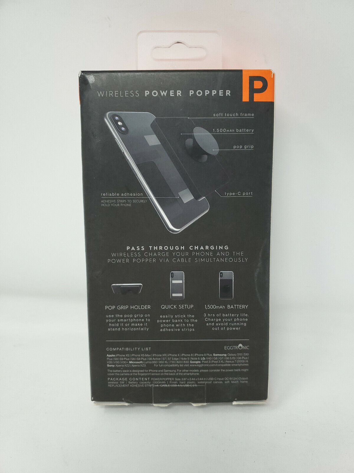 Eggtronic Power Bank, With Phone Pop Grip Black PPBK2 1500mAh iPhone Case - NEW