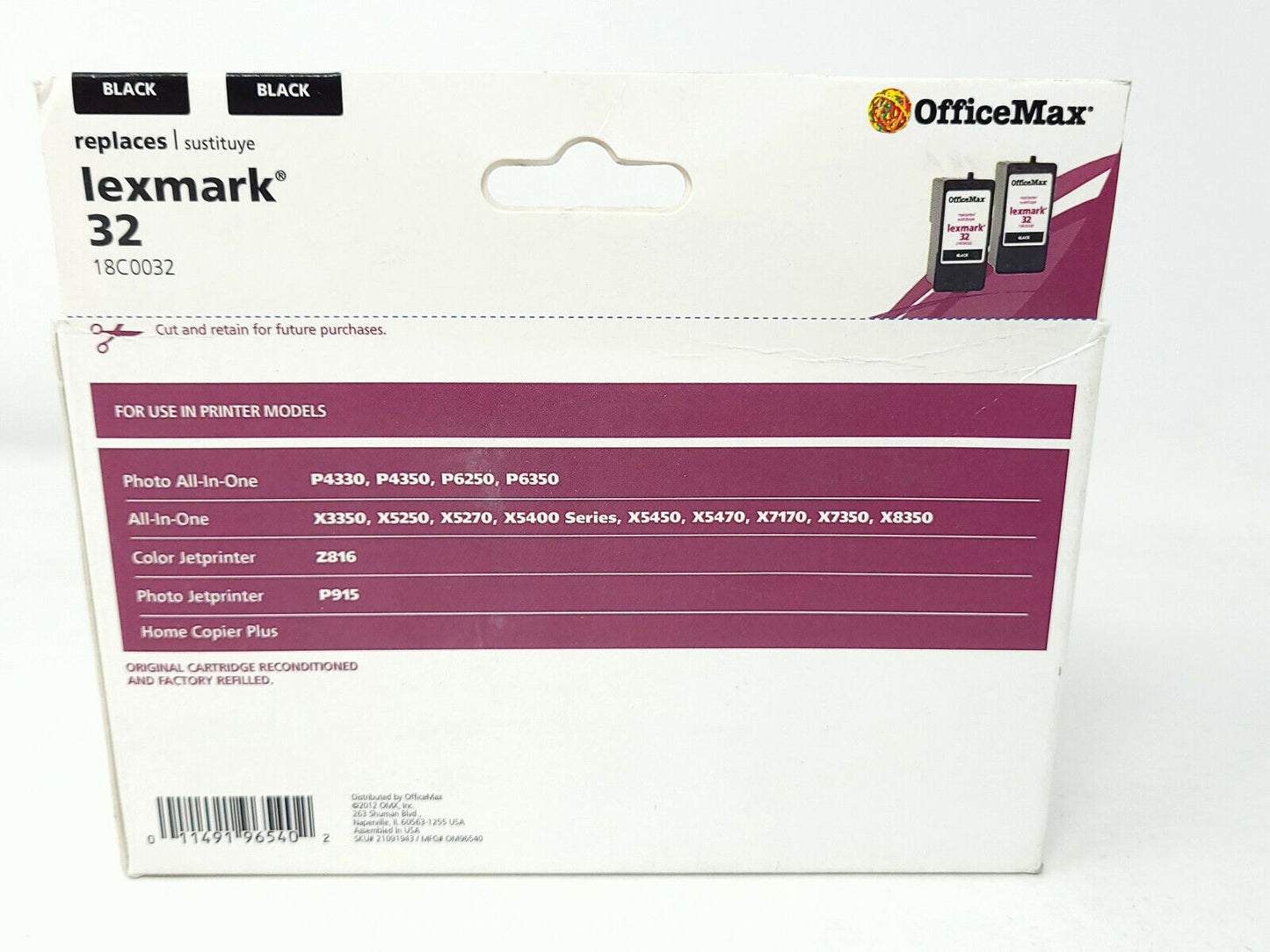 Lot 2x LEXMARK 32 Black Inkjet Cartridge, Twin Pack, OfficeMax, Remanufactured