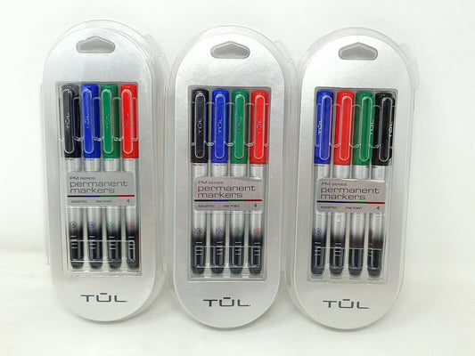 3x TUL Permanent Markers Fine Point Silver Barrel - RED BLUE GREEN BLACK