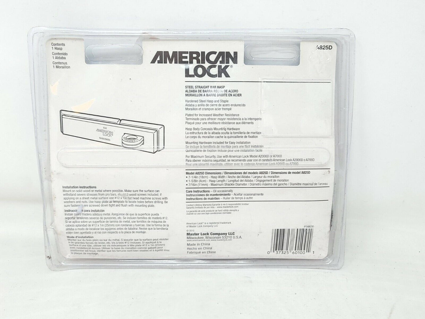 American Lock Steel Straight Bar Hasp A825D - New in Package.