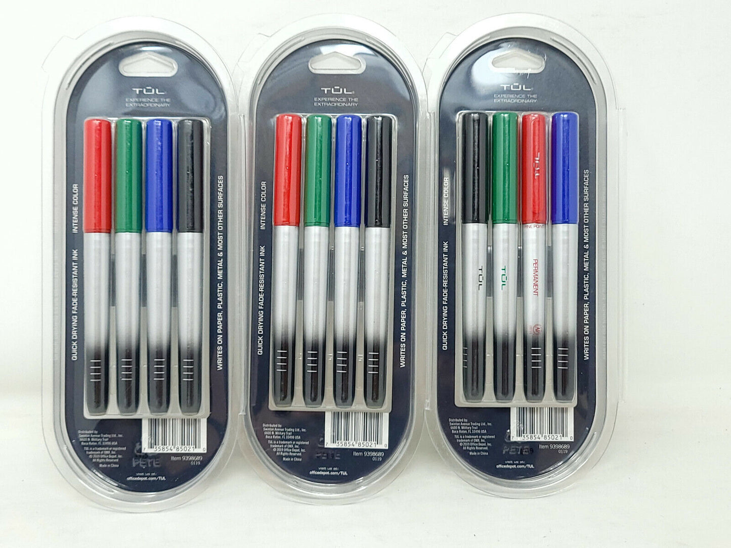 3x TUL Permanent Markers Fine Point Silver Barrel - RED BLUE GREEN BLACK