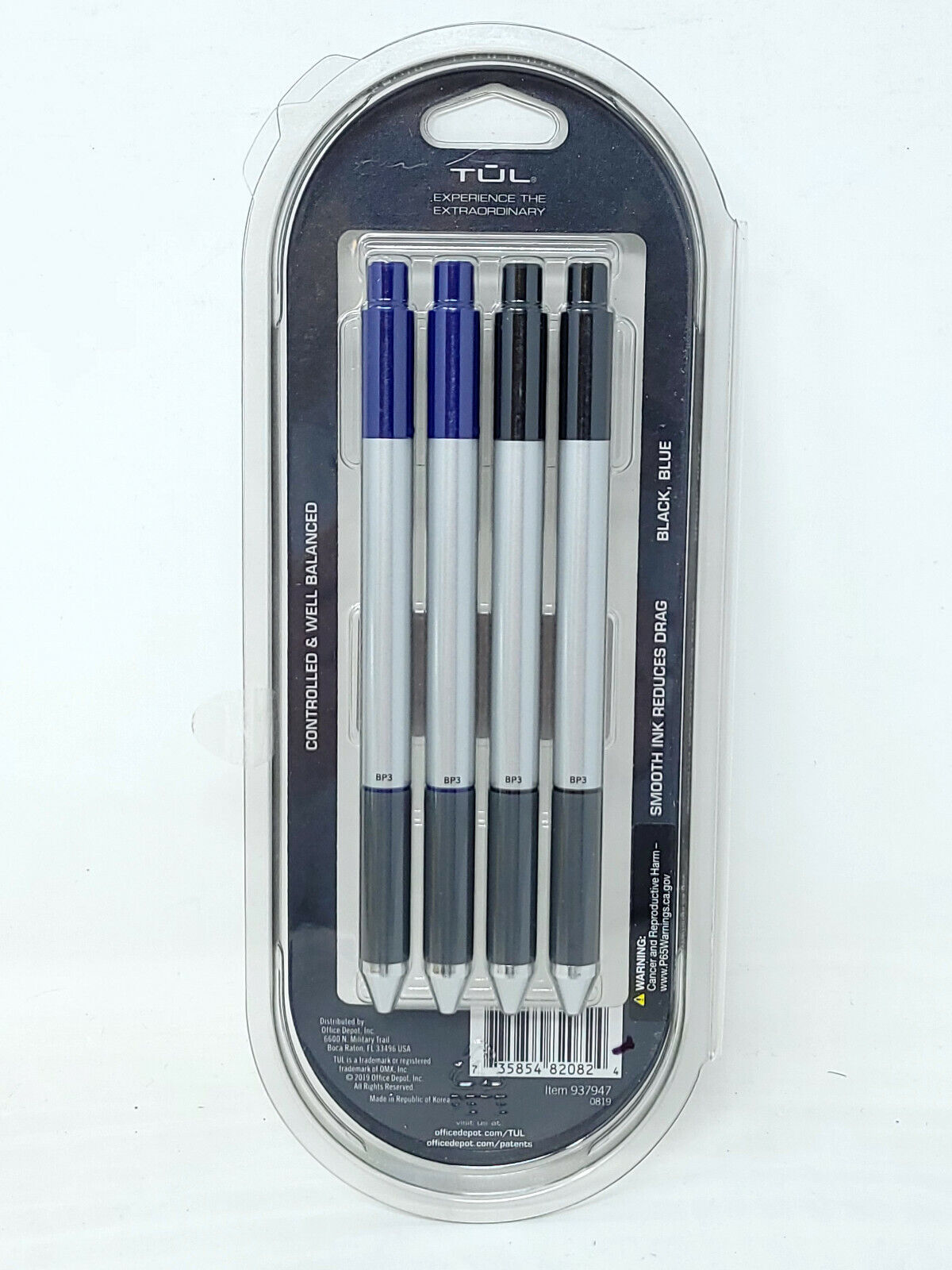 Ballpoint Pens TUL BP3 Ballpoint 4 Pk, Retractable, Medium 1.0mm, Blue & Black