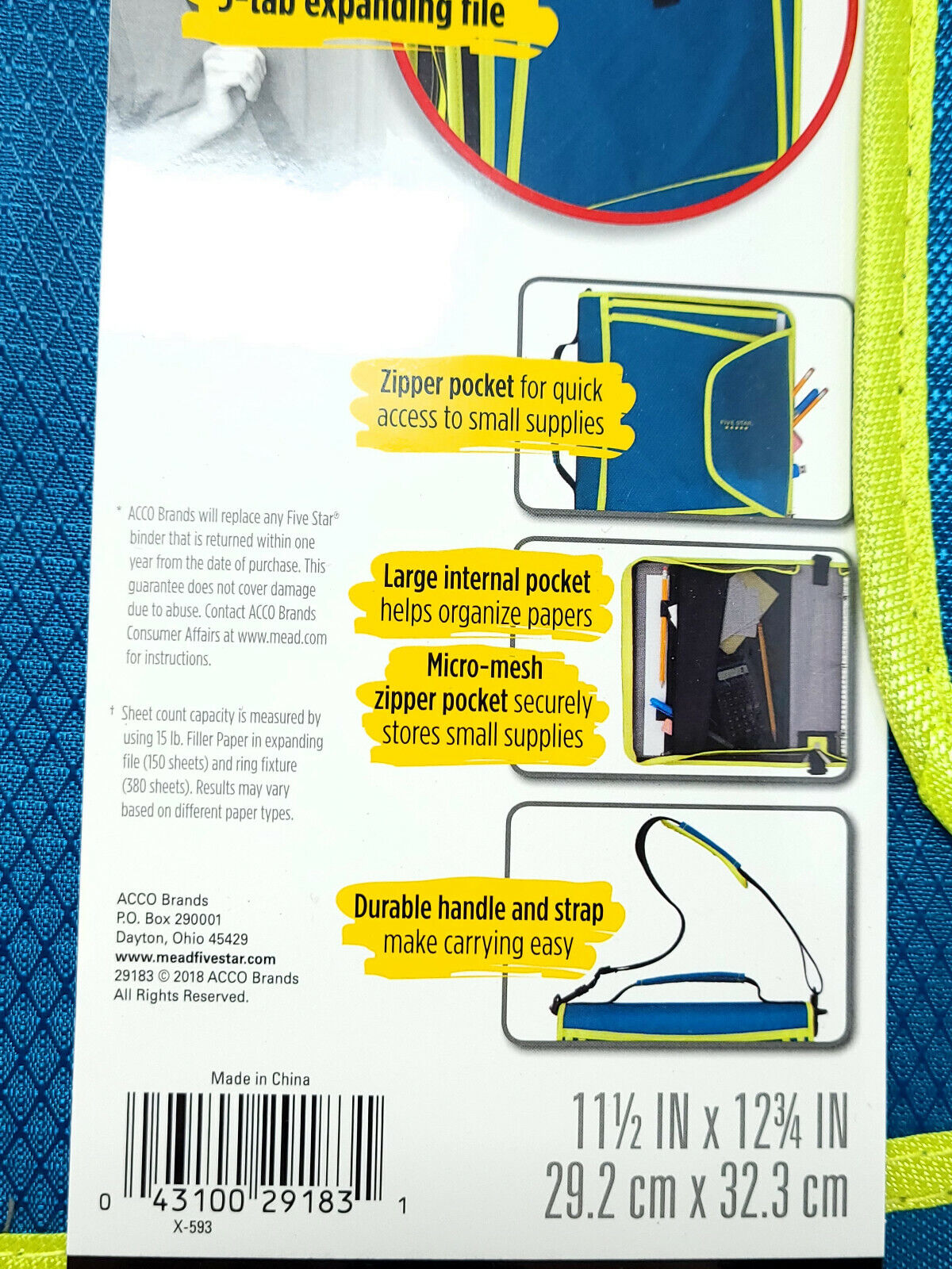 Five Star Zipper Binder, with Expanding File, 2" Rings, Teal/Chartreuse - New