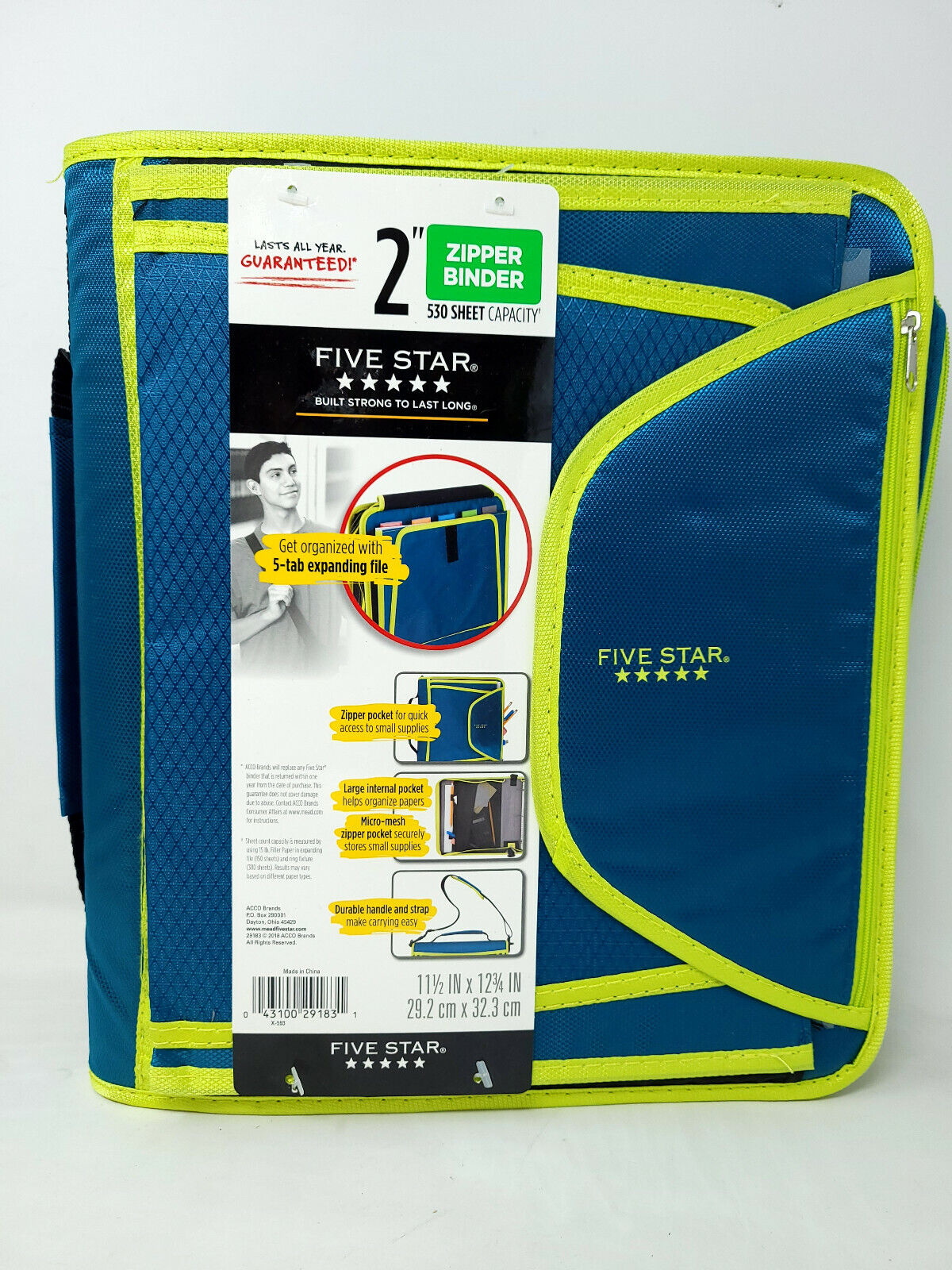 Five Star Zipper Binder, with Expanding File, 2" Rings, Teal/Chartreuse - New