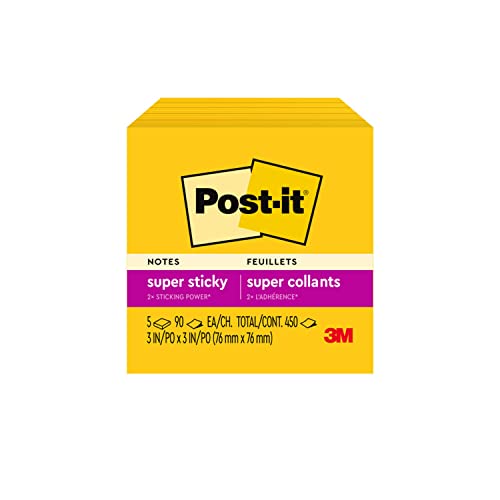 Post-it Super Sticky Notes, 3x3 in, 5 Pads, 2x the Sticking Power, Electric Yellow, Recyclable(654-5SSY)