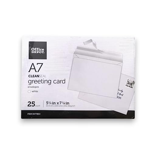 Office Depot® A7 Clean Seal Greeting Card Envelopes, White, Pack of 25, 5 1/4" x 7 1/4", Item 9477854