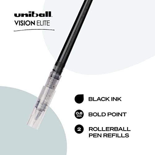 Uniball Vision Elite Rollerball Pens, Black Pen Refill Pack of 2, Bold Pens with 0.8mm Ink, Ink Black Pen, Pens Fine Point Smooth Writing Pens, Bulk Pens, and Office Supplies