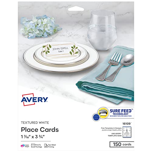 Avery Printable Blank Place Cards with Sure Feed, 1.43" x 3.75", Textured White, 150 Customizable Tent Cards (16109)