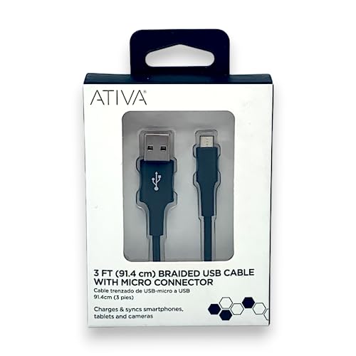 ATIVA USB Type-A to Micro USB Cable, 3', Black, 45849