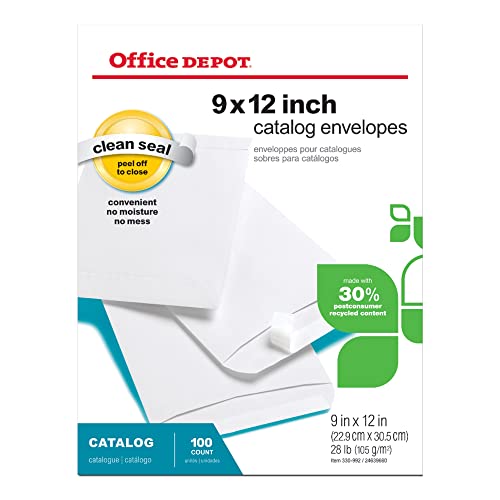 Office Depot Clean Seal(TM) Catalog Envelopes, 9in. x 12in., 30% Recycled, White, Pack Of 100, 77920