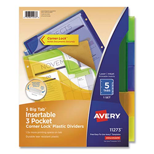 Avery 11273 Big Tab Plastic Dividers w/Three Pockets & Corner Lock, 5-Tab, 11 1/8 x 9 1/4