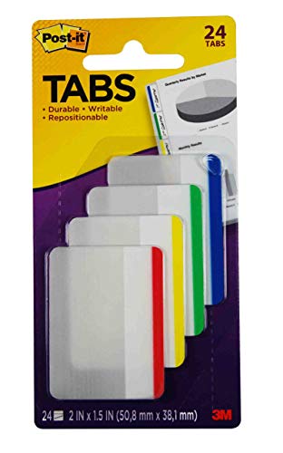 Post-it Tabs, 2 in, Lined, Assorted Primary Colors, 6 Tabs/Color, 4 Colors, 24 Tabs/Pack (686F-1)