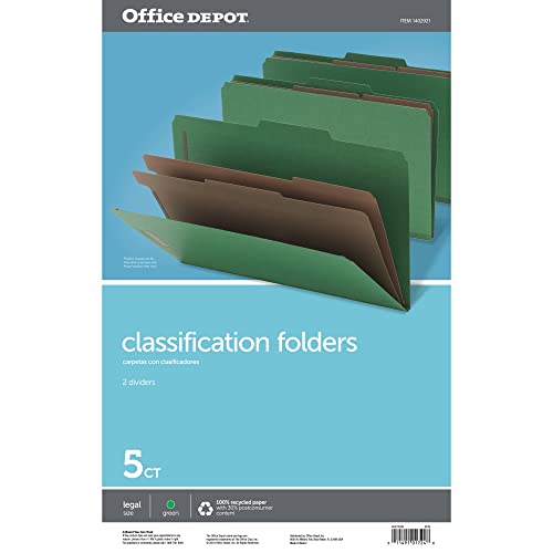 Office Depot Classification Folders, 2 1/2in Expansion, Legal Size, 2 Dividers, 60% Recycled, Light Green, 5 pk, OM01724