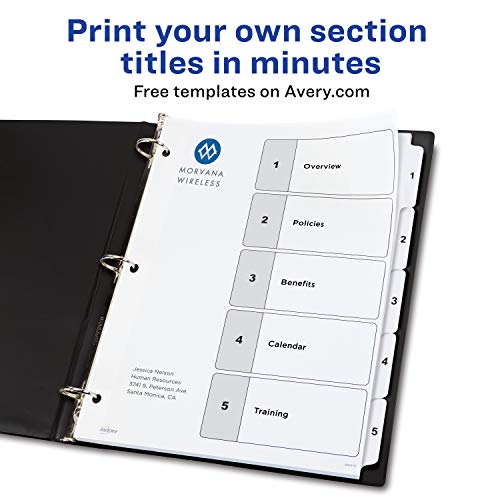 Avery 5 Tab Dividers for 3 Ring Binders, Customizable Table of Contents, Classic White Tabs, 1 Set (11130)