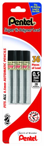 Pentel Super Hi-Polymer Lead Refill 0.5mm Fine, 2B, 36 Pieces of Lead (C505BP32B-K6)