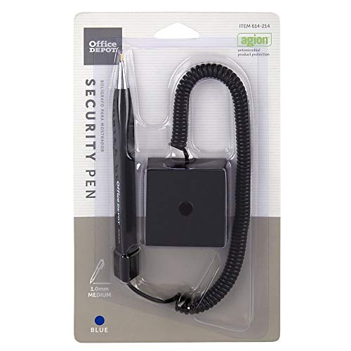 Foray(R) Coil Security Pen, Square Base, Medium Point, 1.0 Mm, Black Barrel, Blue Ink