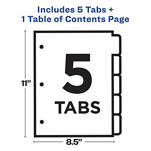 Avery 5 Tab Dividers for 3 Ring Binders, Customizable Table of Contents, Classic White Tabs, 1 Set (11130)