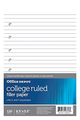 Office Depot Brand Filler Paper, College-Ruled, Mini Binder Paper, 7-Hole Punched, 8-1/2" x 5-1/2", 120 Sheets