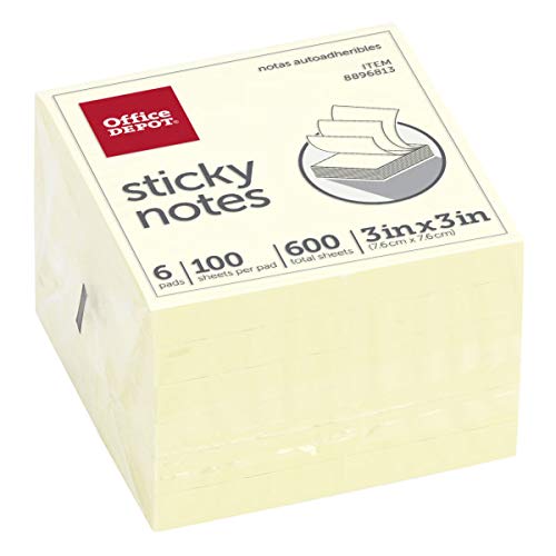 Office Depot Brand Sticky Notes, 3" x 3", Pastel Yellow, 100 Sheets Per Pad, Pack of 6 Pads