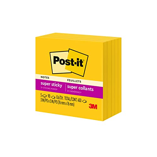 Post-it Super Sticky Notes, 3x3 in, 5 Pads, 2x the Sticking Power, Electric Yellow, Recyclable(654-5SSY)