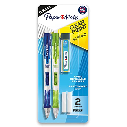 Paper Mate Clearpoint Mechanical Pencils, HB #2 Lead (0.9mm), Assorted Barrel Colors, 2 Pencils, 1 Lead Refill Set, 2 Erasers