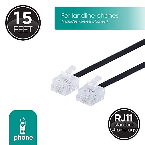 Power Gear Telephone Line Cord, 2 Pack, 25 Feet, Black Phone Cord, Modular Jack Ends, Works for Phone, Modem or Fax Machine, for Use in Home or Office, 46077