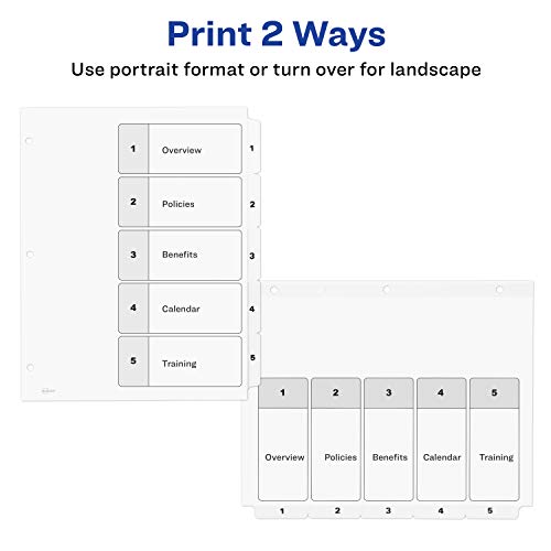 Avery 5 Tab Dividers for 3 Ring Binders, Customizable Table of Contents, Classic White Tabs, 1 Set (11130)