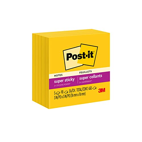 Post-it Super Sticky Notes, 3x3 in, 5 Pads, 2x the Sticking Power, Electric Yellow, Recyclable(654-5SSY)