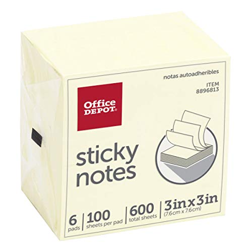 Office Depot Brand Sticky Notes, 3" x 3", Pastel Yellow, 100 Sheets Per Pad, Pack of 6 Pads