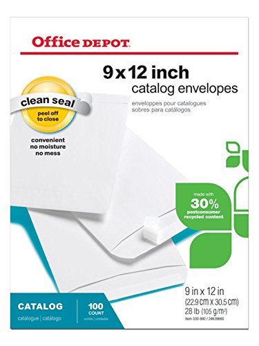 Office Depot Clean Seal(TM) Catalog Envelopes, 9in. x 12in., 30% Recycled, White, Pack Of 100, 77920