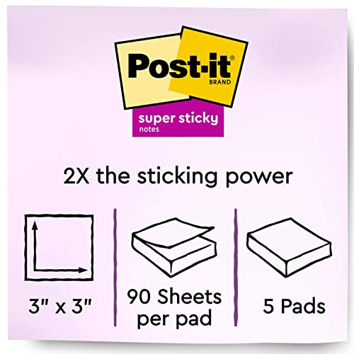 Post-it Super Sticky Notes, 3x3 in, 5 Pads, 2x the Sticking Power, Electric Yellow, Recyclable(654-5SSY)