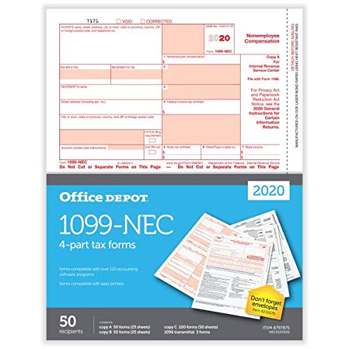 Office Depot Brand 1099-NEC Laser Tax Forms, 2-Up, 4-Part, 8-1/2" x 11", Pack of 50 Forms