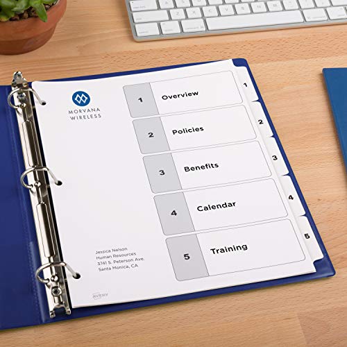 Avery 5 Tab Dividers for 3 Ring Binders, Customizable Table of Contents, Classic White Tabs, 1 Set (11130)