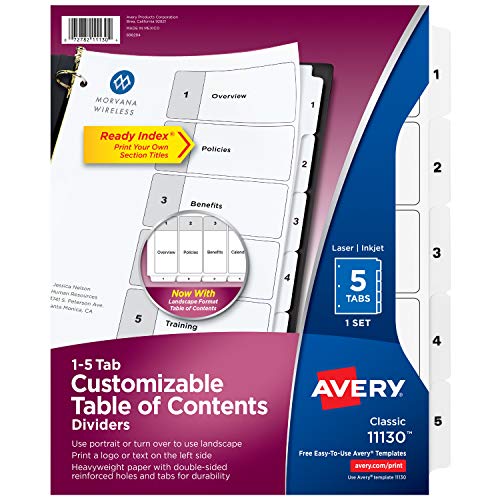 Avery 5 Tab Dividers for 3 Ring Binders, Customizable Table of Contents, Classic White Tabs, 1 Set (11130)