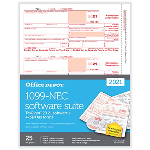 Office Depot Brand 1099-NEC Laser Tax Forms with Software, 3-Up, 4-Part, 8-1/2" x 11", Pack of 25 Form Sets
