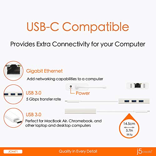 j5create USB Type-C Hub Adapter with Gigabit Ethernet and 3X USB 3.0 Ports